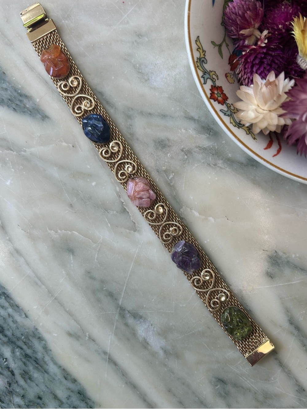 Mid Century Mesh and Filigree Gemstone Bracelet